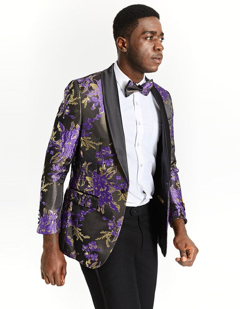 Mens Gold & Purple Paisley Prom Tuxedo Smoking Jacket Blazer