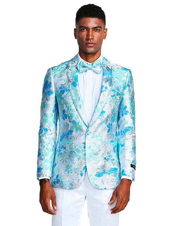 Mens Paisley Shawl Prom Tuxedo Blazer Jacket in Turquoise Sky Blue