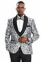 Mens One Button Skinny Fit Paisley Floral Vested Prom Tuxedo in Silver and Black