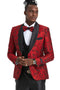 Mens One Button Slim Fit Paisley Floral Vested Prom Tuxedo in Red and Black