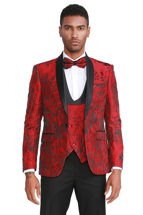 Mens Slim Fit One Button Shawl Lapel Prom Tuxedo in Red