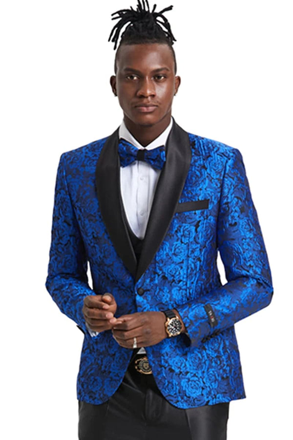 Mens One Button Slim Fit Paisley Floral Vested Prom Tuxedo in Royal Blue and Black