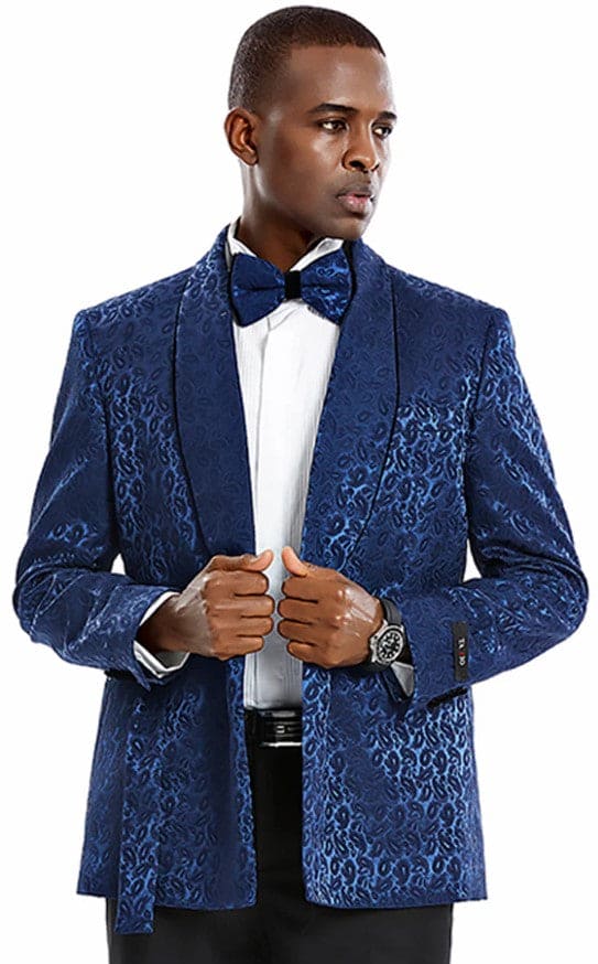 Mens Slim Fit Double Breasted Skinny Fit Prom and Wedding Tuxedo Blue and Black Paisley