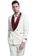 Mens Slim Fit Double Breasted Shawl Collar Prom and Wedding Tuxedo Ivory and Burgundy