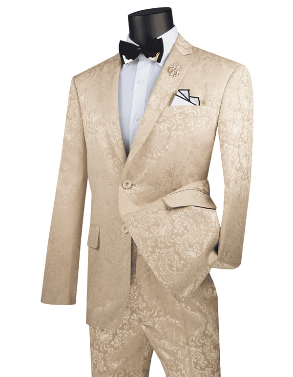 Mens 2 Button Slim Fit Paisley Prom Beige Suit