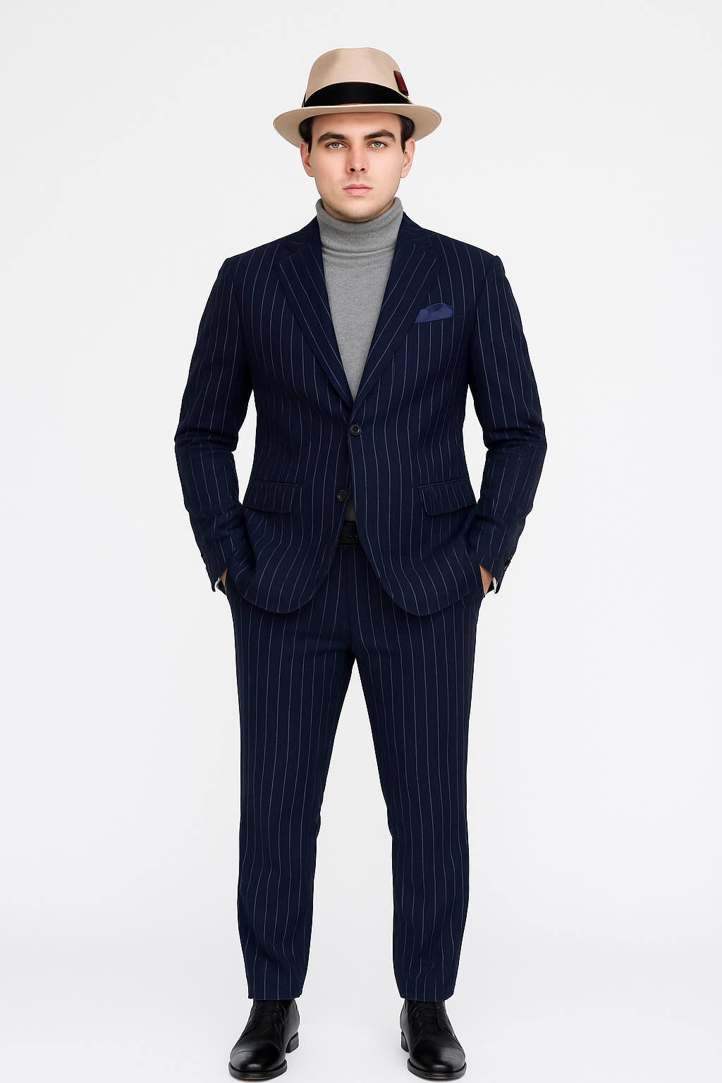 Suit And Turtleneck Combo - Turtleneck Prom Outfits - Prom Turtleneck  Navy Suit