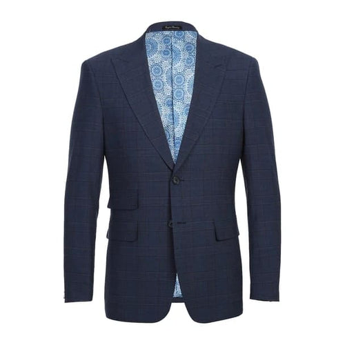 Wool Stretch Double Breasted Slim Fit Prussian Blue Windowpane Suit
