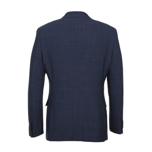 Wool Stretch Double Breasted Slim Fit Prussian Blue Windowpane Suit