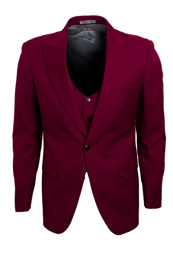 "Mens Stacy Adams Suit - Stacy Adams Suit Men's Burgundy Suit - One Button Peak Lapel with Vest"