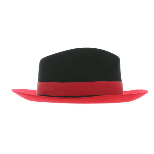 Men's Two Tone Trilby Fedora Dress Hat with Contrast Band in Black & Red