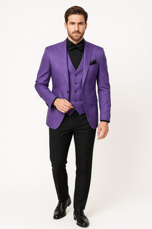 Menâ€™s Purple Paisley Tuxedo Suit â€“ 3 Piece Formal Set with Vest and Bow Tie