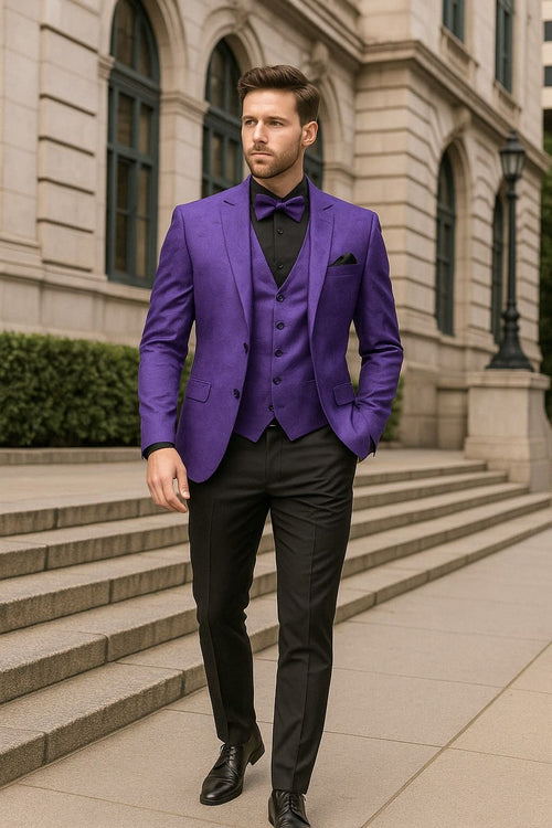 Menâ€™s Purple Paisley Tuxedo Suit â€“ 3 Piece Formal Set with Vest and Bow Tie