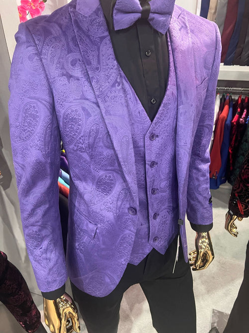 Men’s Purple Paisley Tuxedo Suit – 3 Piece Formal Set with Vest and Bow Tie