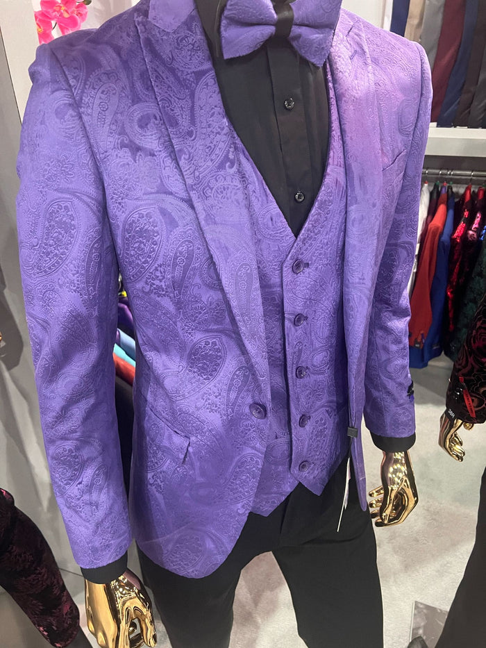 Mens Purple Paisley Tuxedo Suit - 3 Piece Formal Set with Vest and Bow Tie