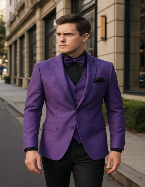 Mens Purple Paisley Tuxedo â€“ 3 Piece Suit with Bow Tie and Black Pants | Wedding & Prom Outfit - Slim Fitted