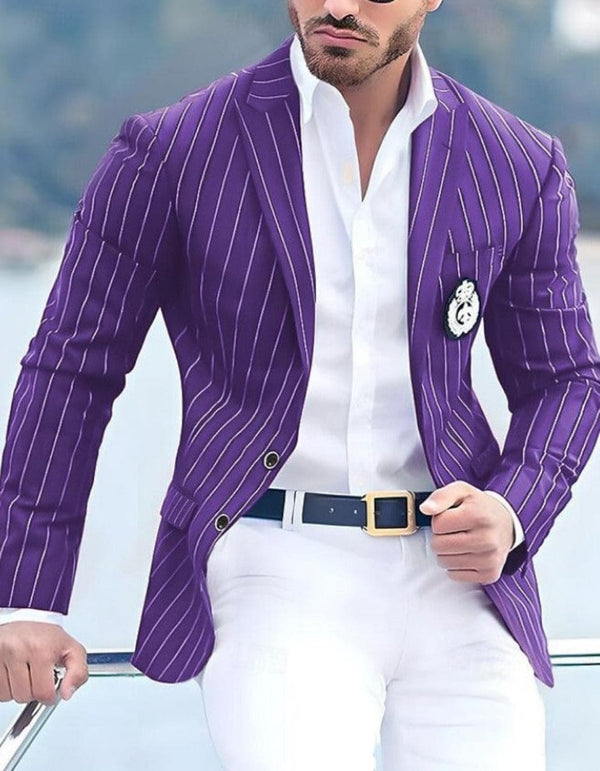 Purple Pinstripe Blazer With White Pants - Suit - Party Blazer