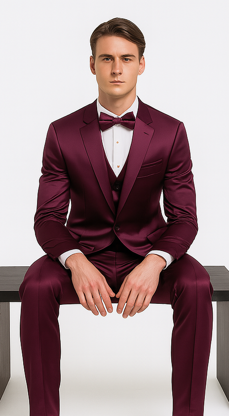 Men's Tazzio purple satin 3-piece suit. Slim fit, peak lapel, double-breasted jacket, matching trousers and vest.