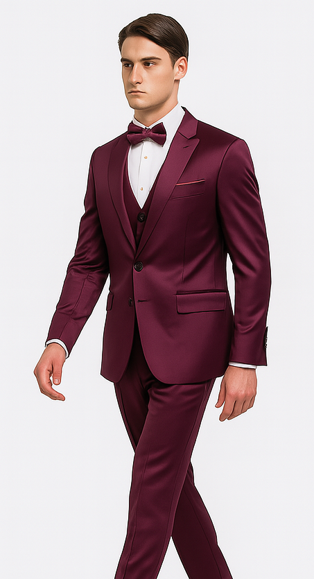 Men's purple satin Tazzio 3-piece suit. Slim fit, peak lapel, double-breasted jacket, and tailored trousers. Smooth, glossy fabric finish.