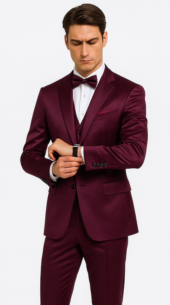 Men's purple satin Tazzio 3-piece suit. Slim fit, double-breasted with peak lapel. Features smooth, shiny texture and a matching vest.