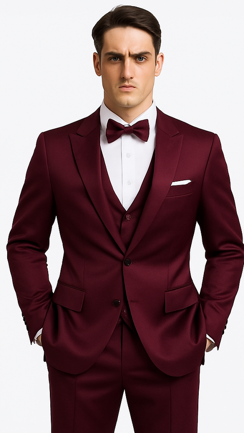 Purple satin Tazzio 3-piece suit for men. Slim fit with peak lapel & double-breasted jacket. Features a smooth, glossy finish and a matching waistcoat.