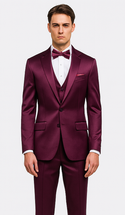 Men's purple satin three-piece suit. Slim fit, peak lapel, double-breasted jacket. Includes vest and tailored trousers. Smooth, shiny fabric.
