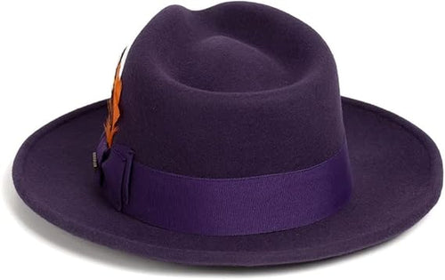 Gangster 100% Australian Wool Crushable Mens Fedora Hat - Removable Feather Gangster Purple Mens Fedora Hat