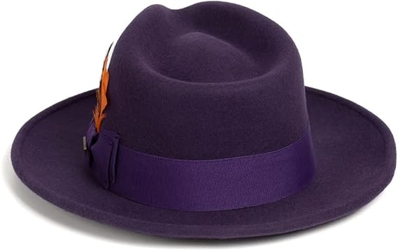 Gangster 100% Australian Wool Crushable Mens Fedora Hat - Removable Feather Gangster Purple Mens Fedora Hat