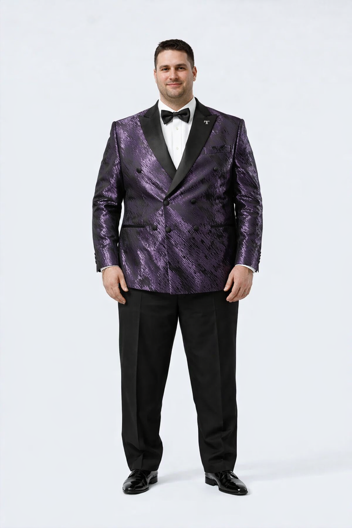 Men's formal purple jacquard tuxedo jacket. Textured pattern with shiny purple tones, black satin peak lapel, and double-button closure.
