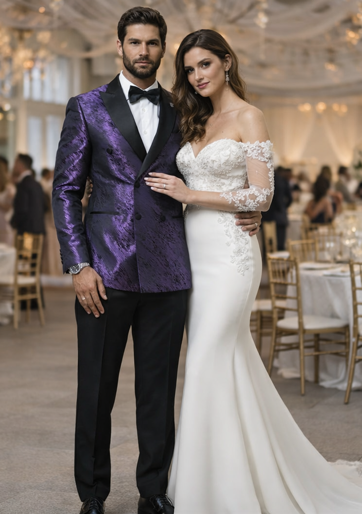 Men's purple jacquard tuxedo jacket. Textured pattern, black satin peak lapel, tailored fit, and double-breasted. Formal elegance.
