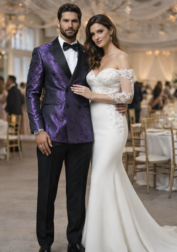 Men's purple jacquard tuxedo jacket. Textured pattern, black satin peak lapel, tailored fit, and double-breasted. Formal elegance.
