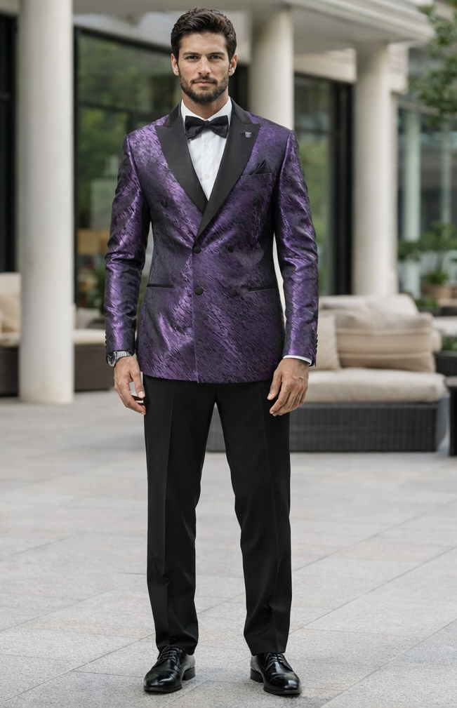 Men's purple jacquard tuxedo jacket. Black satin peak lapel, double-breasted. Textured purple pattern. Formal and stylish.
