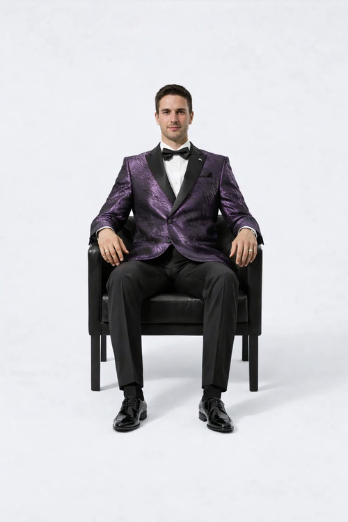 Men’s Formal Purple Jacquard Tuxedo Jacket with Black Satin Peak Lapel