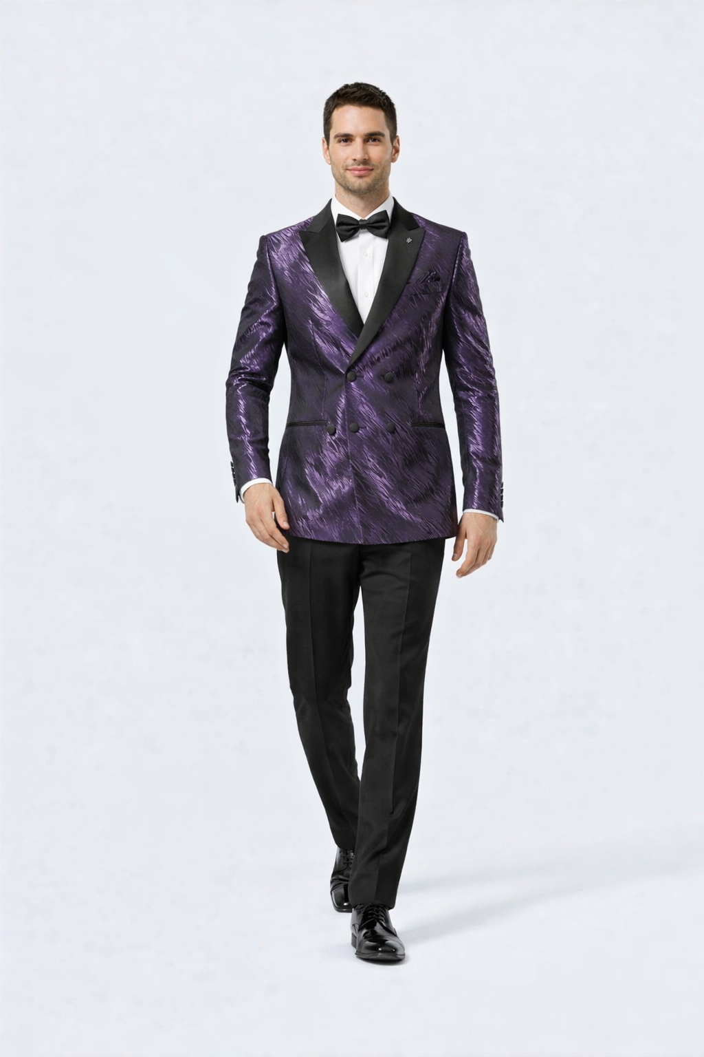 Men’s Formal Purple Jacquard Tuxedo Jacket with Black Satin Peak Lapel