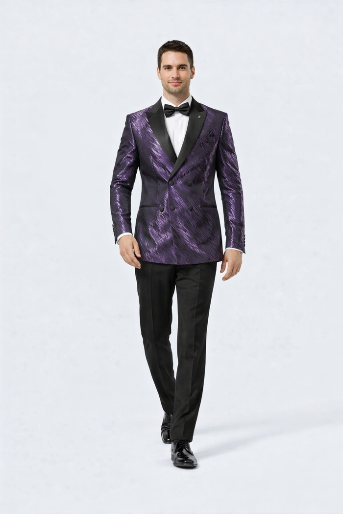 Men's purple jacquard tuxedo jacket. Black satin peak lapel, double-breasted, textured pattern. Features two side pockets. Formal and stylish.
