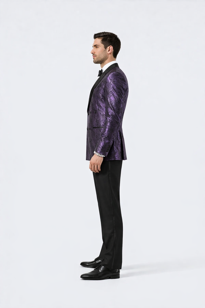 Men's formal tuxedo jacket in purple jacquard with a textured pattern. Features a black satin peak lapel, tailored fit, two pockets, and a single-button closure.
