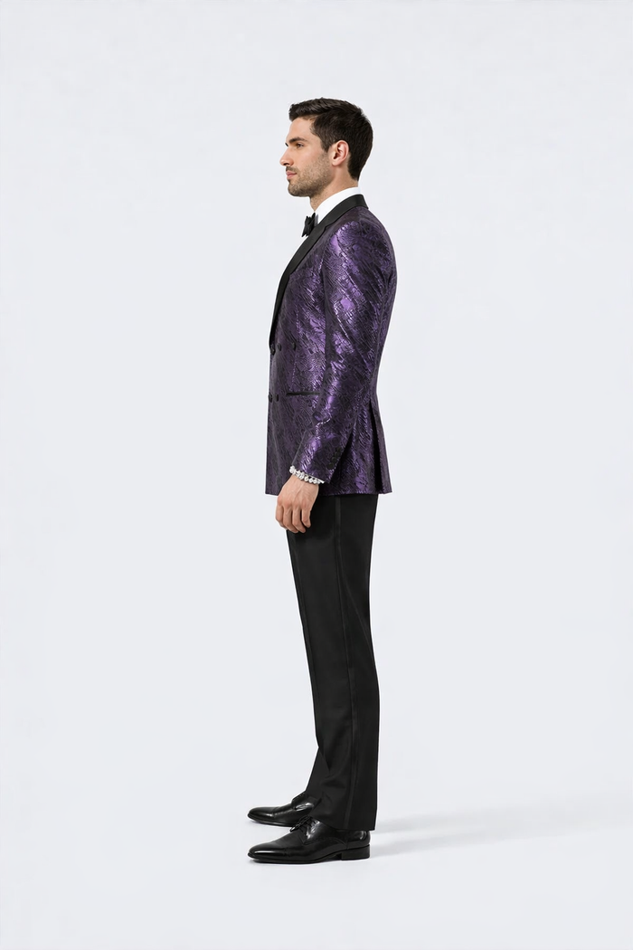 Men's formal tuxedo jacket in purple jacquard with a textured pattern. Features a black satin peak lapel, tailored fit, two pockets, and a single-button closure.
