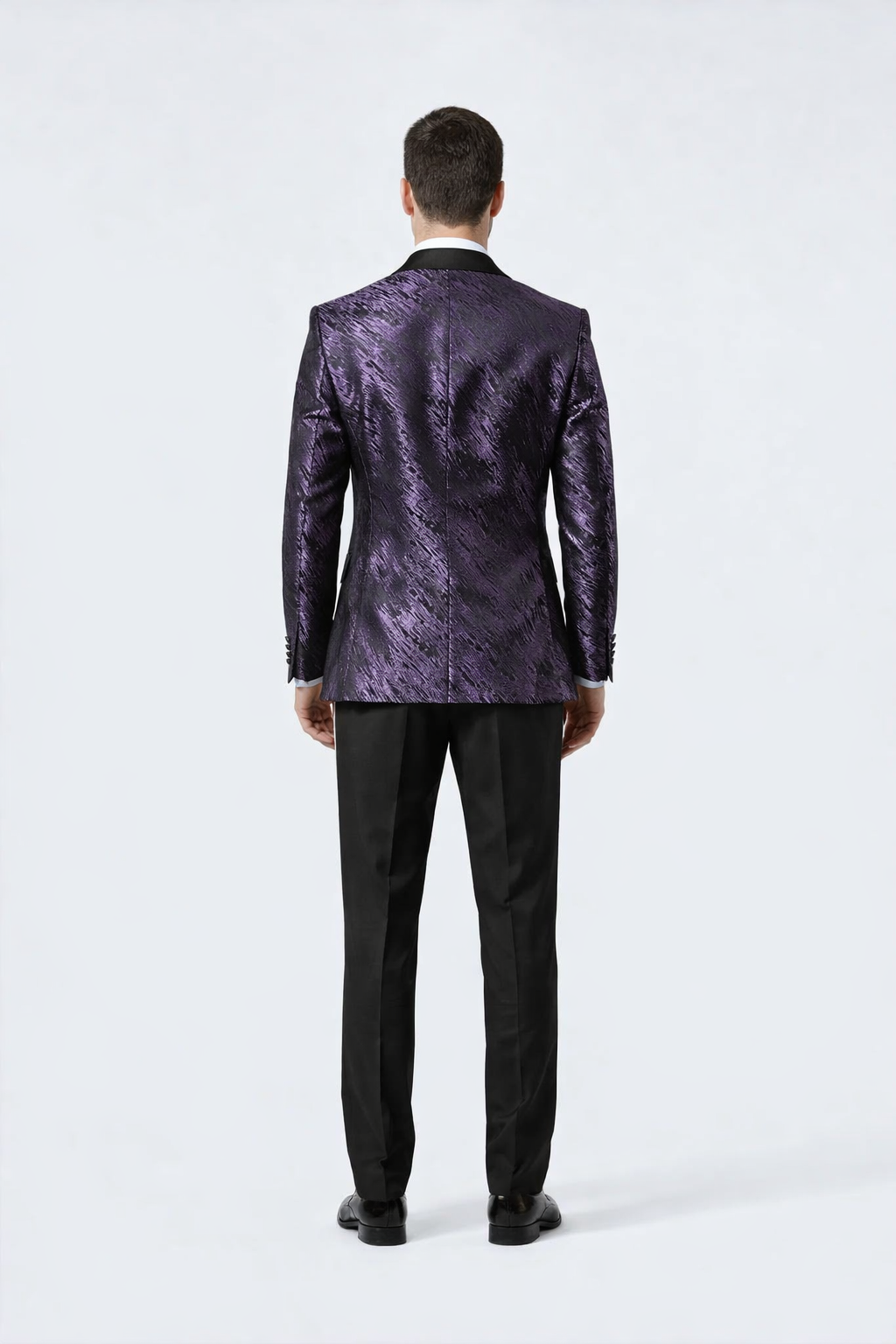Men’s Formal Purple Jacquard Tuxedo Jacket with Black Satin Peak Lapel