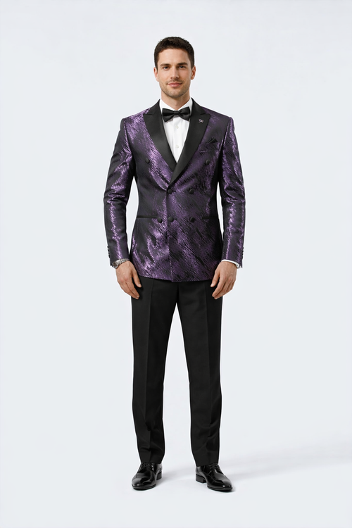 Men's purple jacquard tuxedo jacket. Black satin peak lapel, double-breasted, textured pattern. Structured shoulders, fitted sleeves. Formal elegance.
