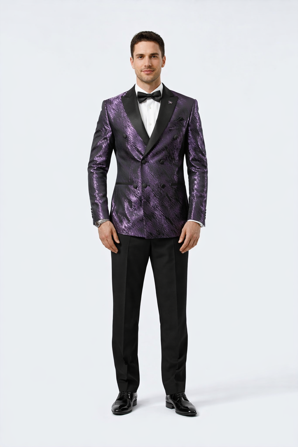Men’s Formal Purple Jacquard Tuxedo Jacket with Black Satin Peak Lapel