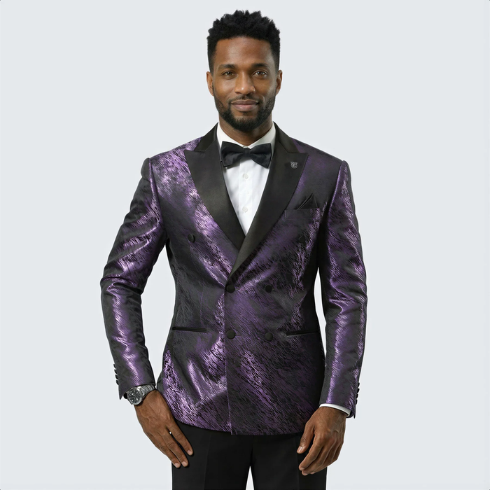 Men's formal purple jacquard tuxedo jacket. Features black satin peak lapel, double-breasted front, two pockets, and structured shoulders. Vivid purple color with a textured pattern.
