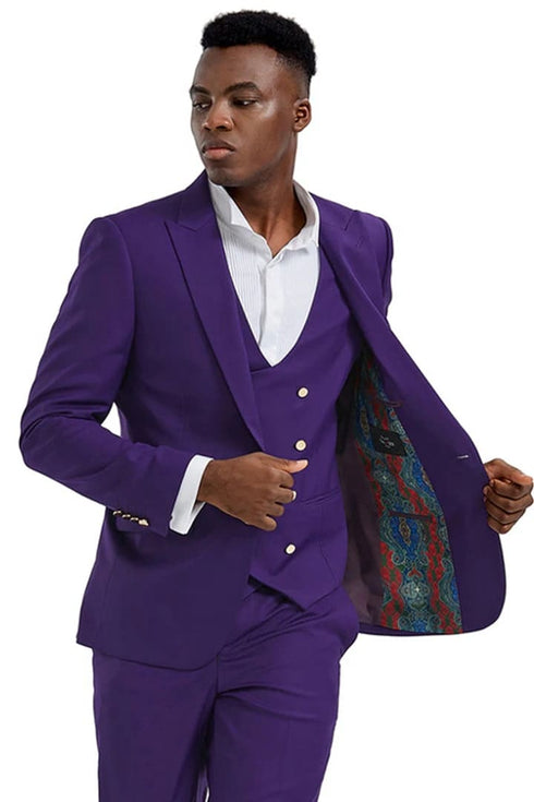 Purple Suit For Men - Church Suit - Men's One Button Peak Lapel Vested Suit With Purple Gold Buttons