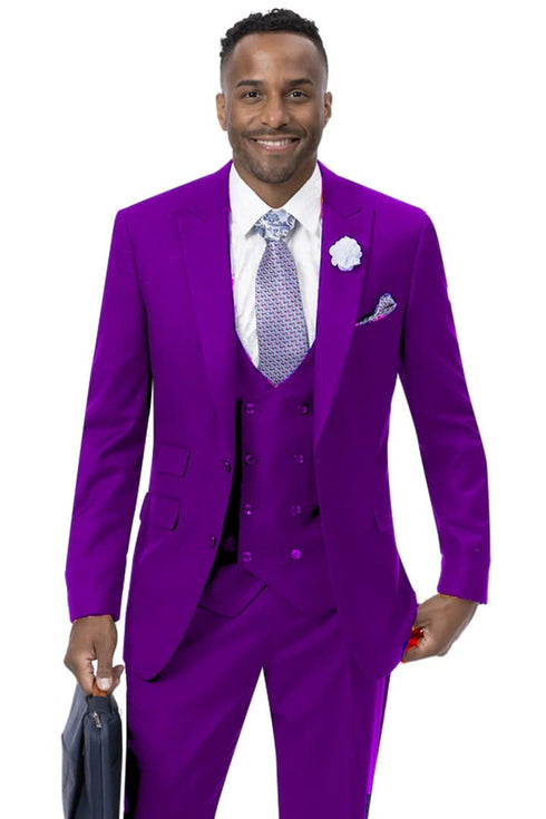 Cheap Purple Suit For Men - Church Suit - Mens Modern Two Button Vested Peak Lapel Double Breasted Purple Suit