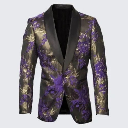 Gold Suit For Prom - Gold Blazer + Matching Pants + Purple and Gold Tuxedo Jacket with Fancy Pattern Shawl Lapel - Wedding - Prom