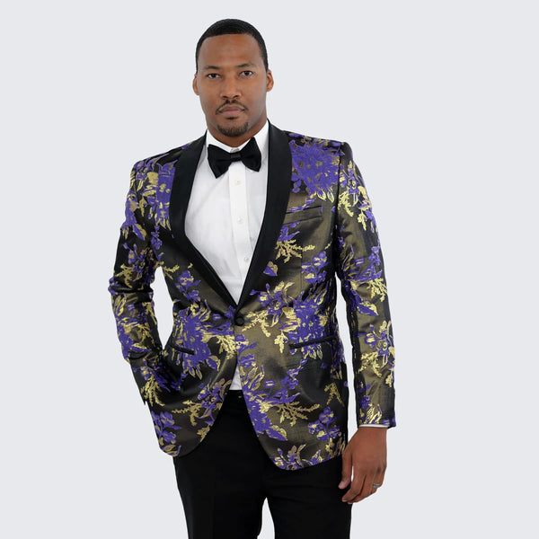 Gold Suit For Prom - Gold Blazer + Matching Pants + Purple and Gold Tuxedo Jacket with Fancy Pattern Shawl Lapel - Wedding - Prom