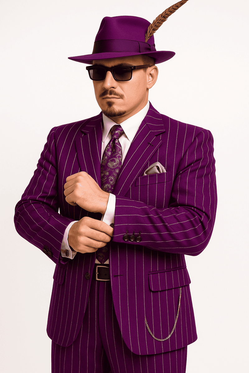 Three-piece gangster outfit: purple pinstripe zoot suit (jacket, pants, vest), classic cut, notched lapel, pocket square. Includes a matching vest and a purple fedora hat with a feather.
