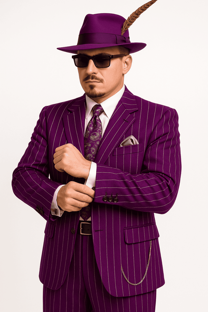 Three-piece gangster outfit: purple pinstripe zoot suit (jacket, pants, vest), classic cut, notched lapel, pocket square. Includes a matching vest and a purple fedora hat with a feather.
