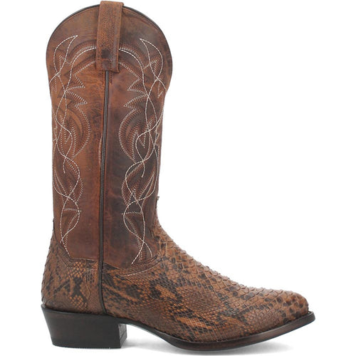 Dan Post Bay Apache Manning cowboy boot. Brown genuine python leather with textured pattern, 13" shaft, round toe. Features vertical stitching, slight heel, and tapered toe.