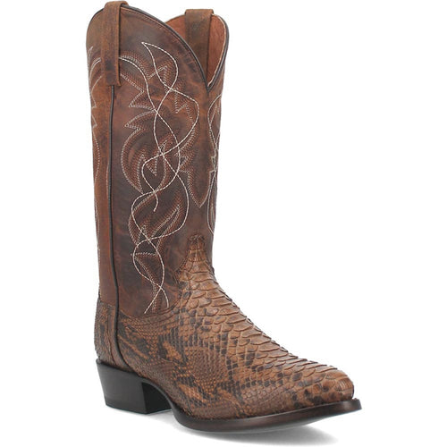 Dan Post Bay Apache Manning cowboy boots. Genuine python leather with a textured, brown, scaly design. Features a tall shaft with white stitching, rounded toe, and broader heel.
