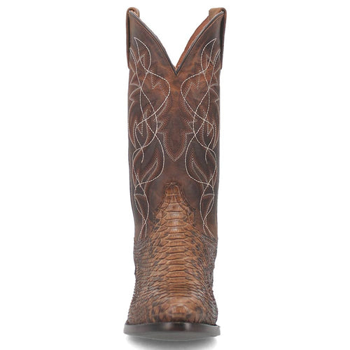 Dan Post Men's Bay Apache Manning cowboy boots. Genuine python leather exterior with brown scales. Tall shaft, pointed top, decorative stitching. Round toe, black flat sole.
