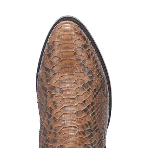 Dan Post Bay Apache Manning cowboy boot. Men's round toe, genuine python leather, natural brown with scale-like texture. Sleek design, smooth edge.
